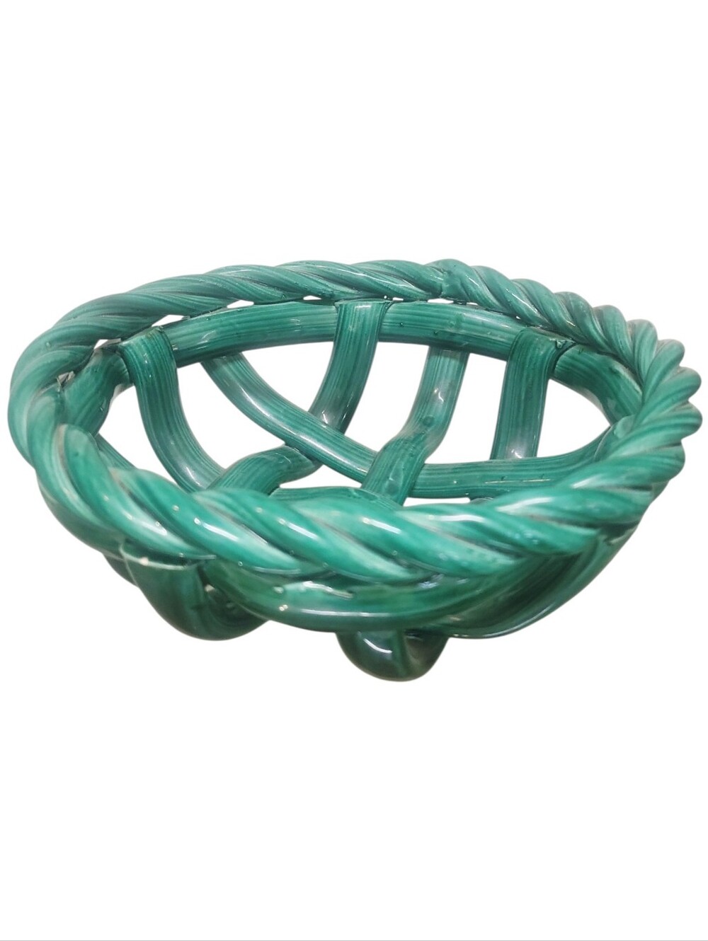 Vintage MCM Green Ceramic Woven Basket Bowl